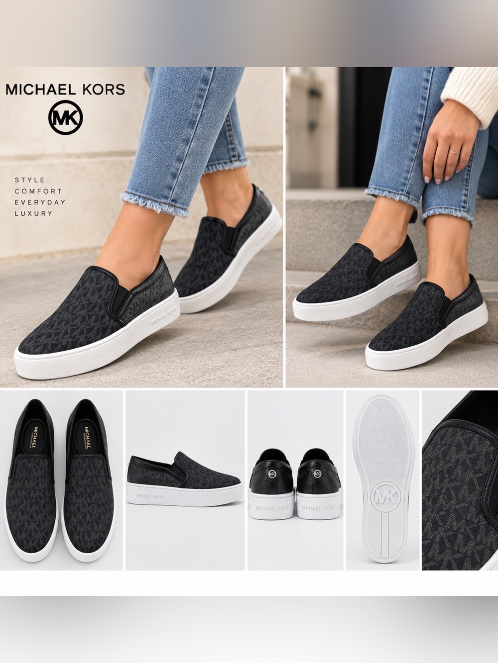 Michael Kors Teddi Black MK Logo Slip On Sneakers Women’s 7.5 NWT